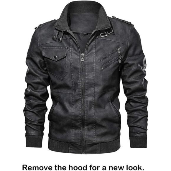 Black Faux Leather Motorcycle Bomber Jacket Zip Up Hoodie Removable Hood - Picture 4 of 6